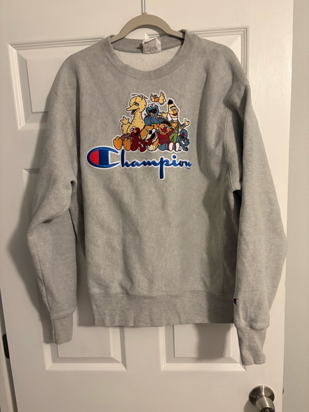 Champion Light Gray Crewneck with Colorful Sesame Street Patch